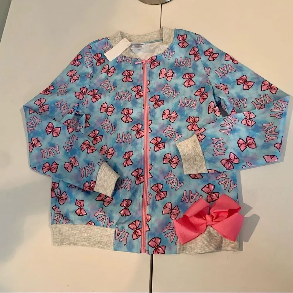 NWT New JoJo Siwa Bow Print Jacket Pink Blue Gray Yay Print Large Bow M